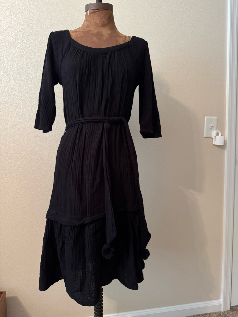 Johnny Was CALME Textured Black Long-Sleeve Scoop-Neck Belted Midi Dress